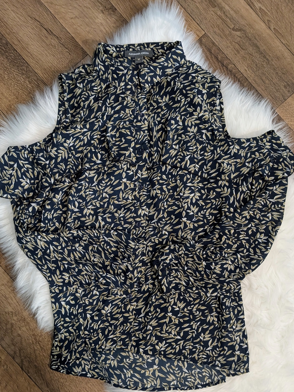 Alexander Jordan Navy Cold-Shoulder Leaf-Print Blouse
